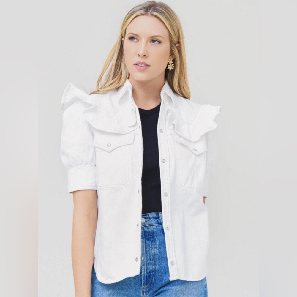 Zadig & Voltaire White Ruffled Shoulder Denim Shirt Jacket